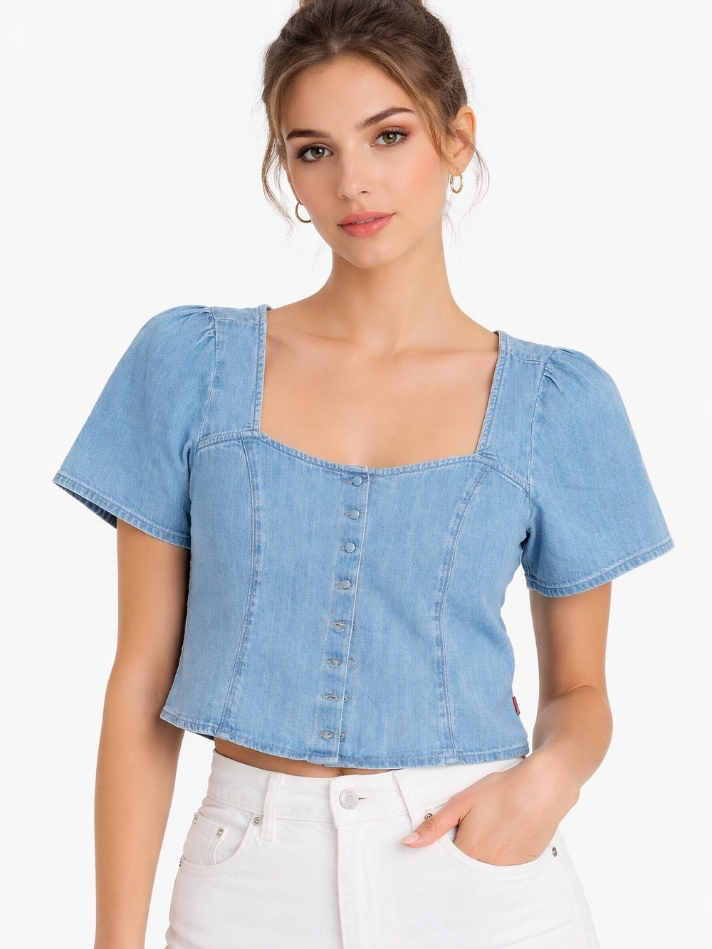Levi’s Light Wash Denim Square Neck Button Front Crop Blouse NWT